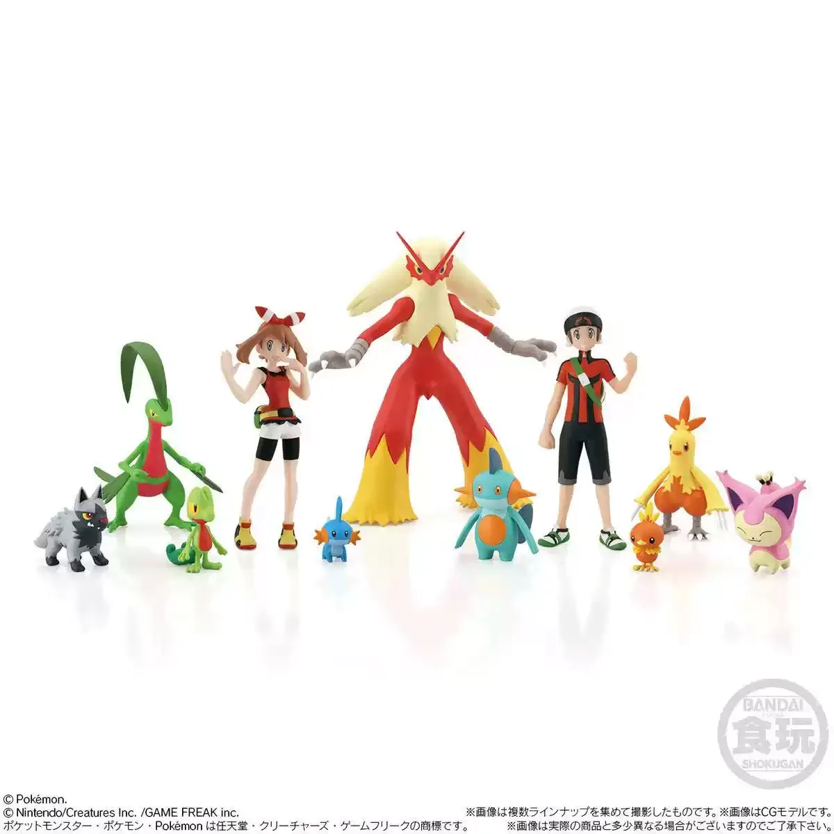 bandai-pokemon-scale-world-regione-hoenn-riedizione-treecko-grovyle-blaziken-may-e-mudkip-statuette-anime-giocattoli