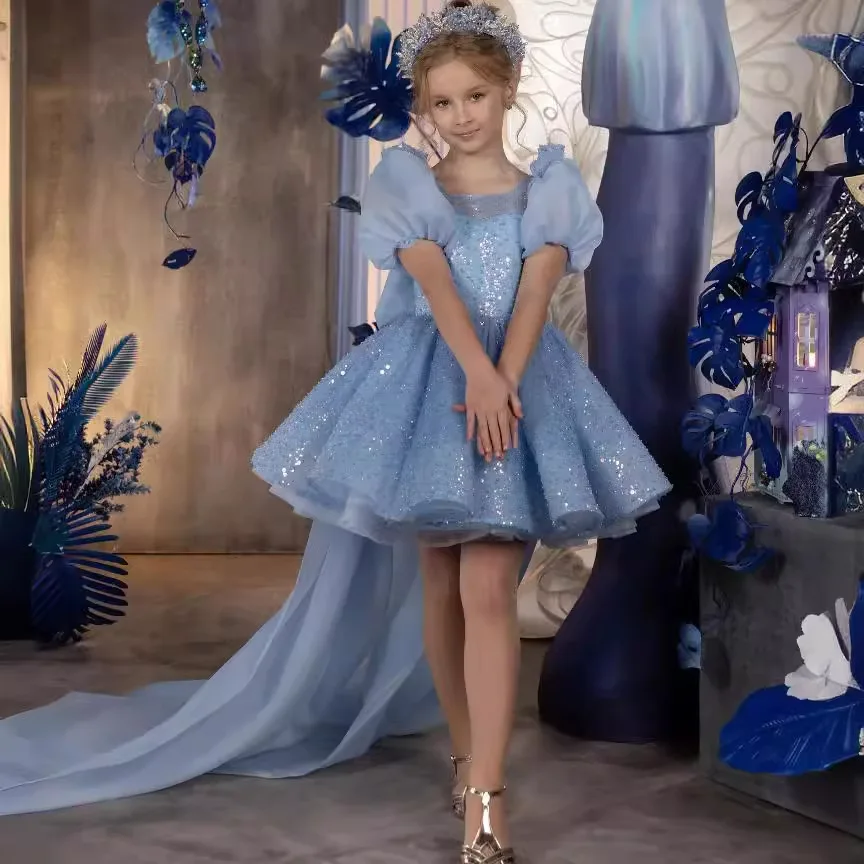 

Flower Girl Wedding Dresses New Blue Girl Princess Dress Short Gowns Sequin Birthday Gown Big Bow Beauty Pageant Customized