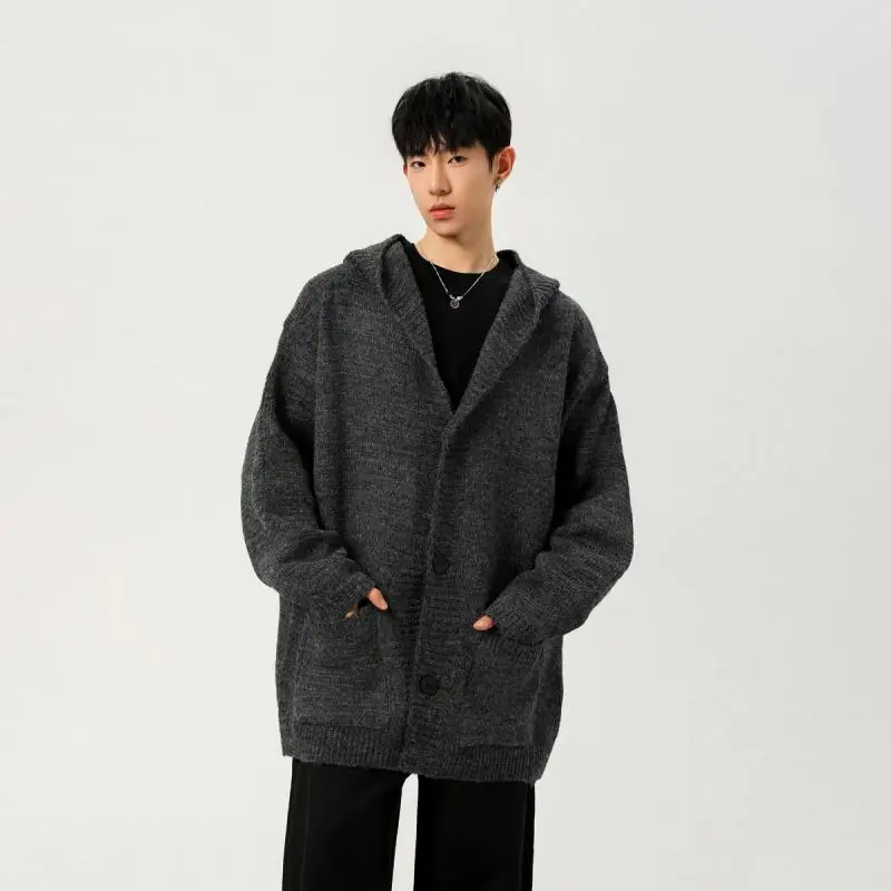 Men's Charcoal Deep Grey Hooded Knit Cardigan Oversized Button Front V Neck Pocket Casual Vintage Knitted Sweater Coat with Wool