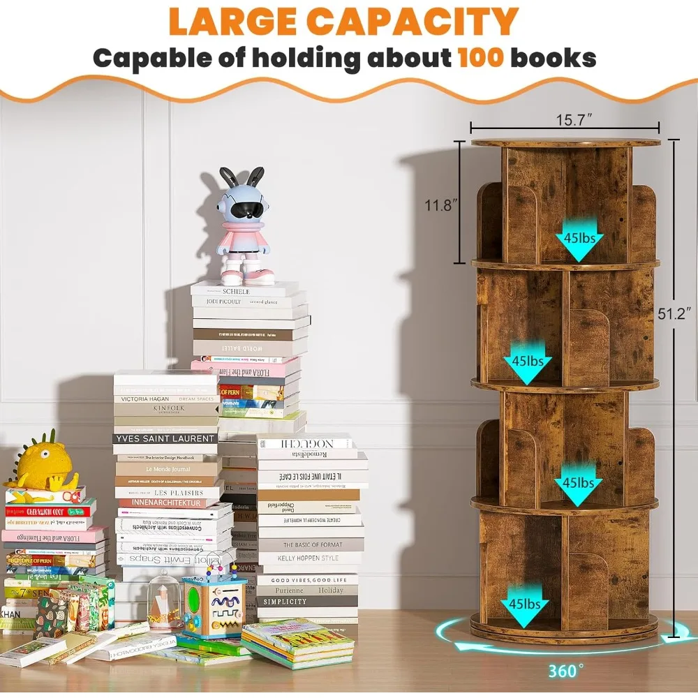 Rotating Bookshelf, Corner Bookshelf, 360 Display Wood Spinning Bookcase Storage Rack, Floor Standing Revolving Bookcase Narrow