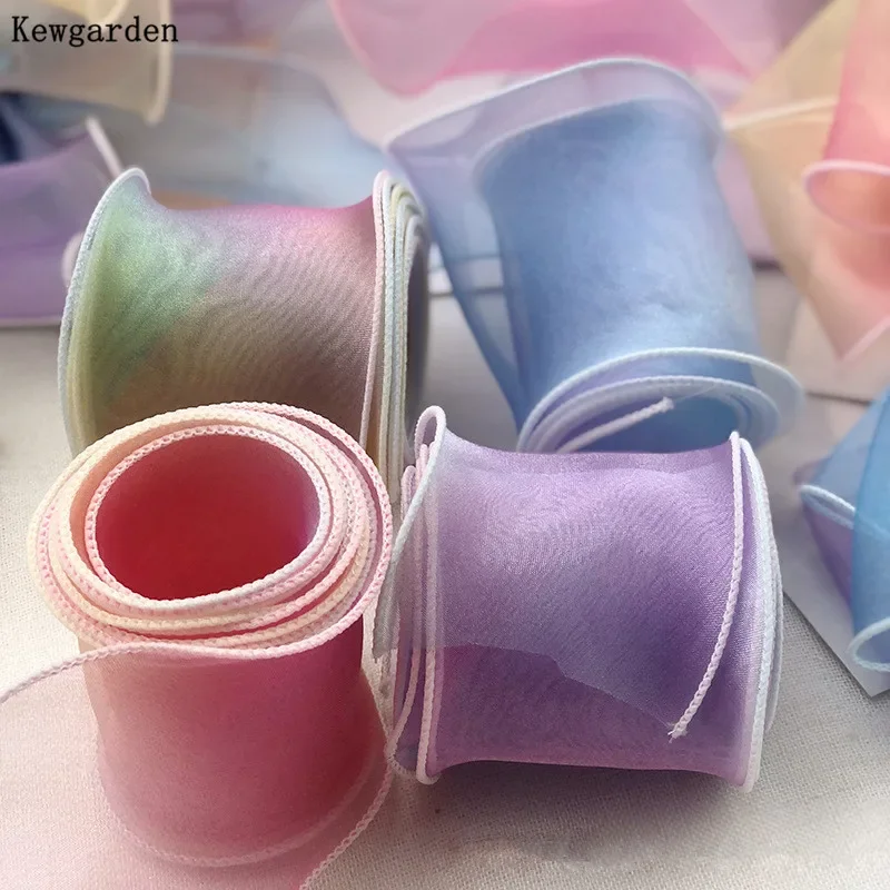 Kewgarden 6cm 60mm Discolor Rainbow Hemming Organza Ribbon Handmade Tape DIY Hair Bow Packing Accessories Wholesale 35 Meters