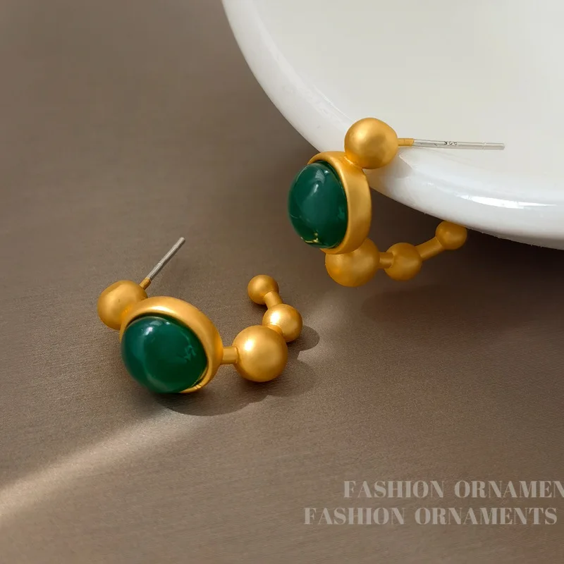 Fashion Jewelry Elegant Temperament Gold Color Green Stone Hoop Earrings For Women Female Gifts Ear Accessories Hot Sale