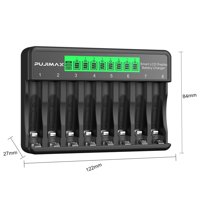 PUJIMAX 8-Slots LCD Display Fast Smart Battery Charger Type-C Charging For 1.2V Ni-MH Ni-CD AA AAA  Rechargeable Battery Charger