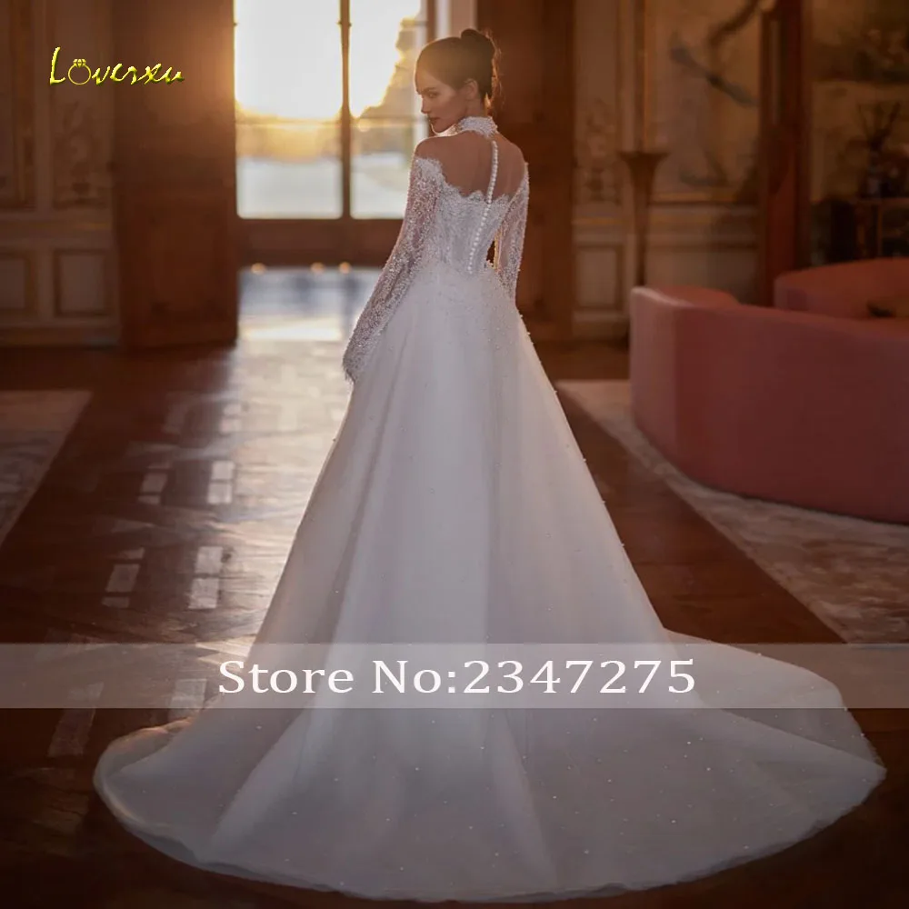 Loverxu Mermaid Wedding Dresses High Neck Long Sleeve Vestido De Novia Lace Beaded Pearls 2 In 1 Sexy Custom Made Bridal Gown