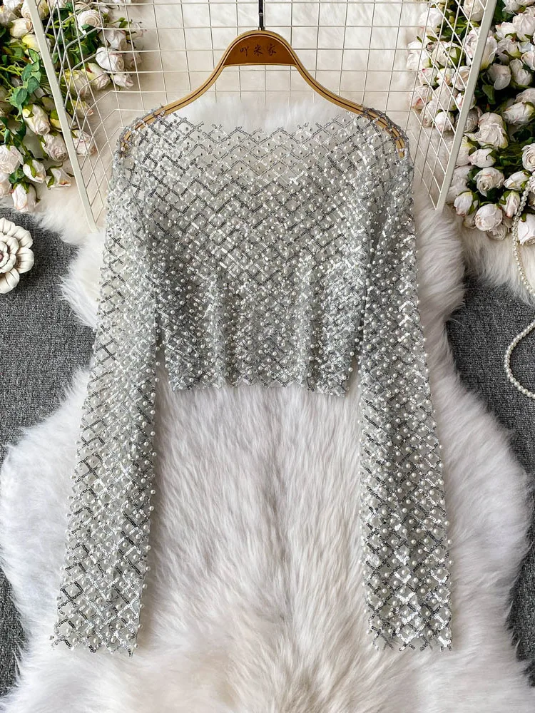2025 mode Streetwear paillettes résistant au soleil Blouses Sexy perle perles culture hauts femmes col rond manches longues chemises transparentes