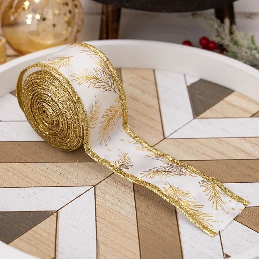 

5M Leaves Pattern Christmas Gift Bow Ribbon Lightweight DIY Gold Trim Wired Ribbon Wedding Party Christmas Tree Ribbon