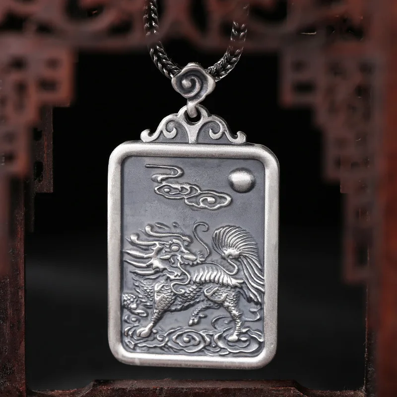 S999 Sterling Silver Kylin Pendant Black Color Cloud Eyeley Old Process Relief Fine Jewelry FYNE350