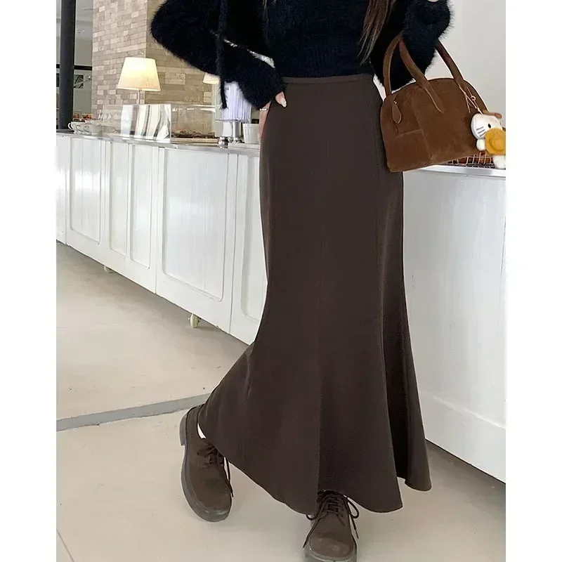 New Woolen Fishtail Long Skirts Elastic Waistband Slimming Hip Skirt Korean Style Design Sense Trumpet Skirts for Women Outwear