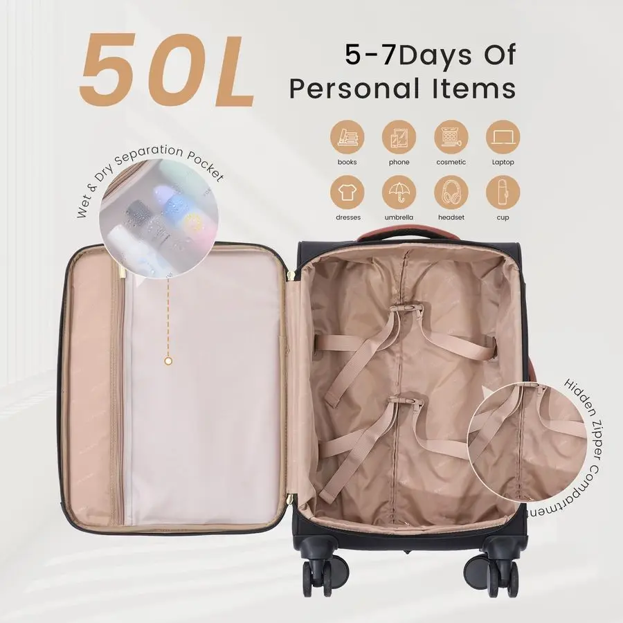 op bagage 22x14x9 luchtvaartmaatschappij goedgekeurd, grote waterdichte handbagage met 3 verpakkingsblokjes, lichtgewicht softside onderstoel Trav