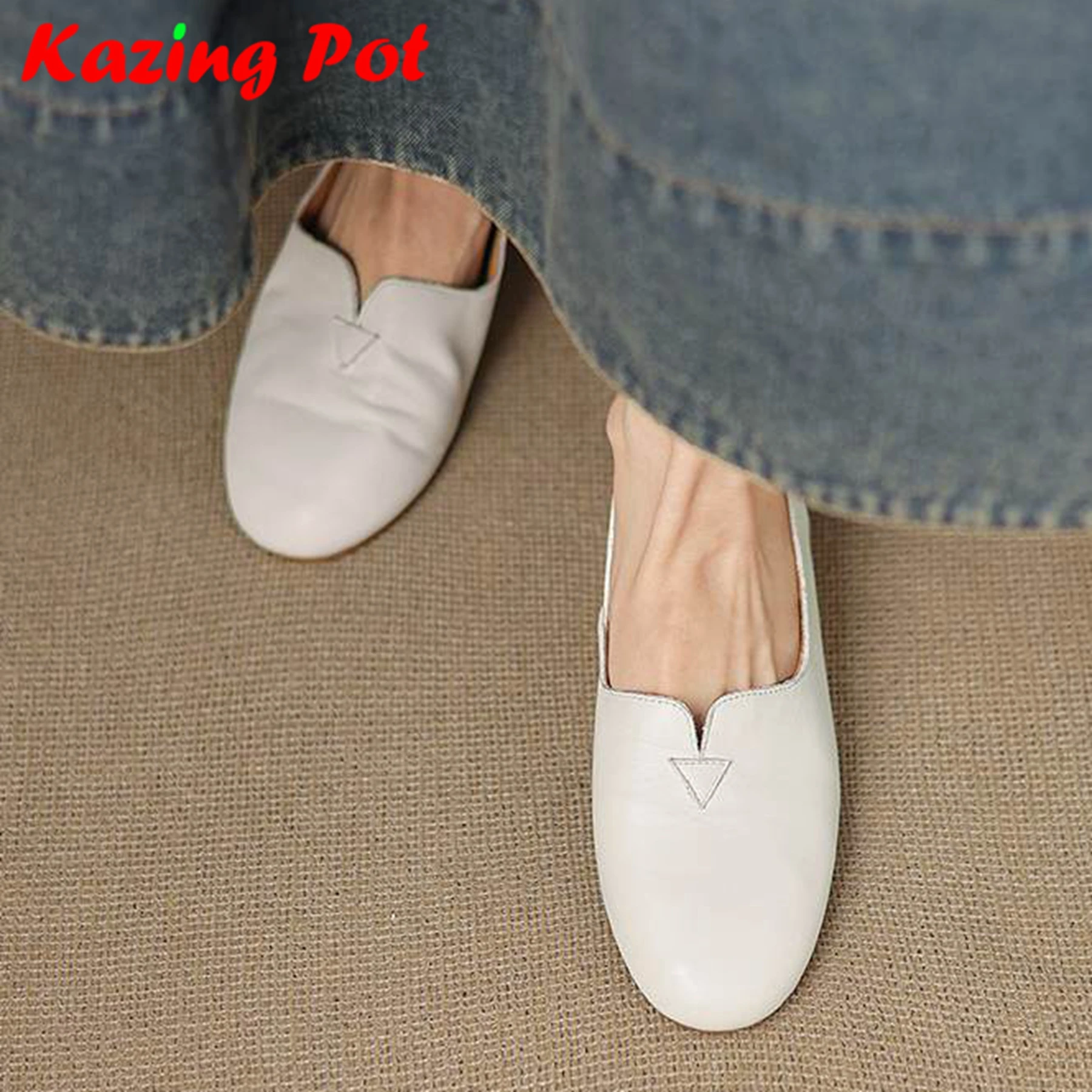 

Krazing Pot Cow Leather Ins Round Toe Women European Style Ballet Dancer Shallow Metal Rivets Soft Shoes Black White Color Flats