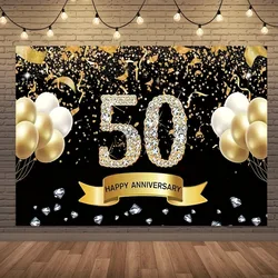 50th Anniversary Wedding Anniversary Decoration, Black Gold 50th Anniversary Banner Backdrop, Happy 50th Anniversary Party