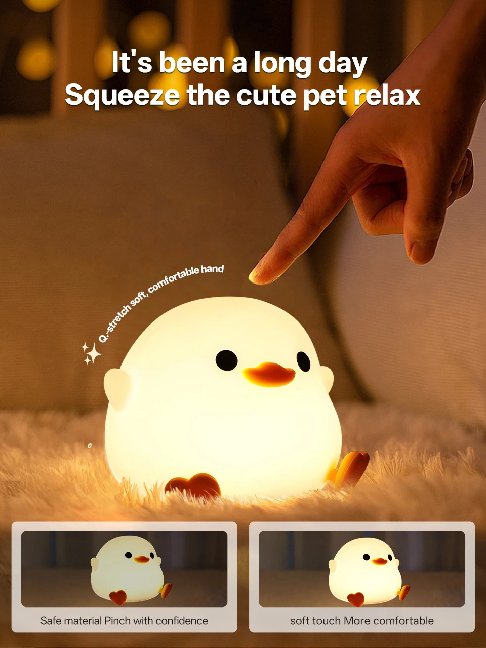 KFV Cute Pear Night Light 7-Color Dimmable Touch-Controlled Night Light Silicone Stress Reducing Pat Duck Lamp USB Rechargeable