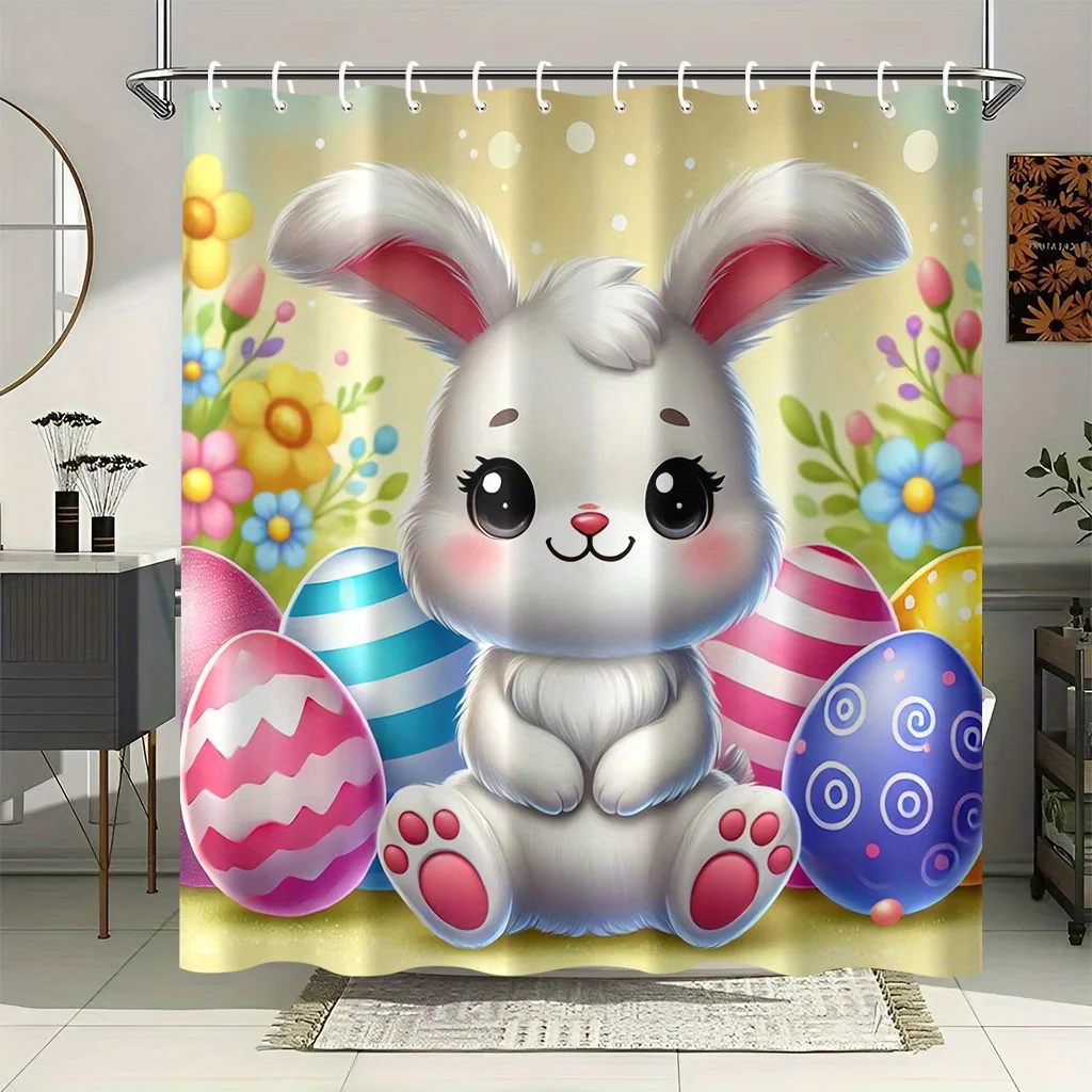 

"Cute Easter Bunny Shower Curtain - Colorful Eggs & Spring Flowers, Festive Cartoon Animal Bathroom Decor"