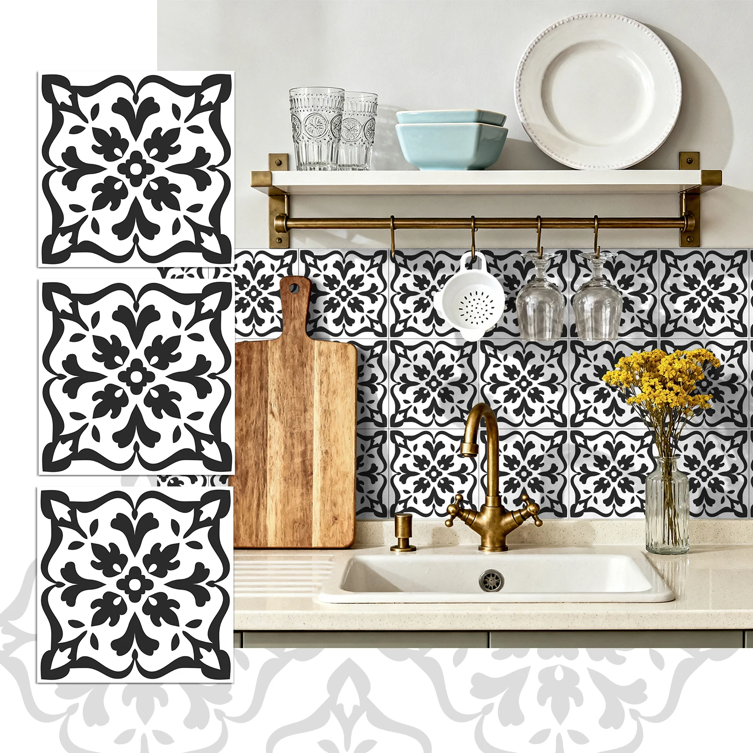 

36Pcs Vintage Floral Tile Stickers, Self-Adhesive Peel and Stick Wall Decals, Waterproof for Kitchen Bathroom Home Decor