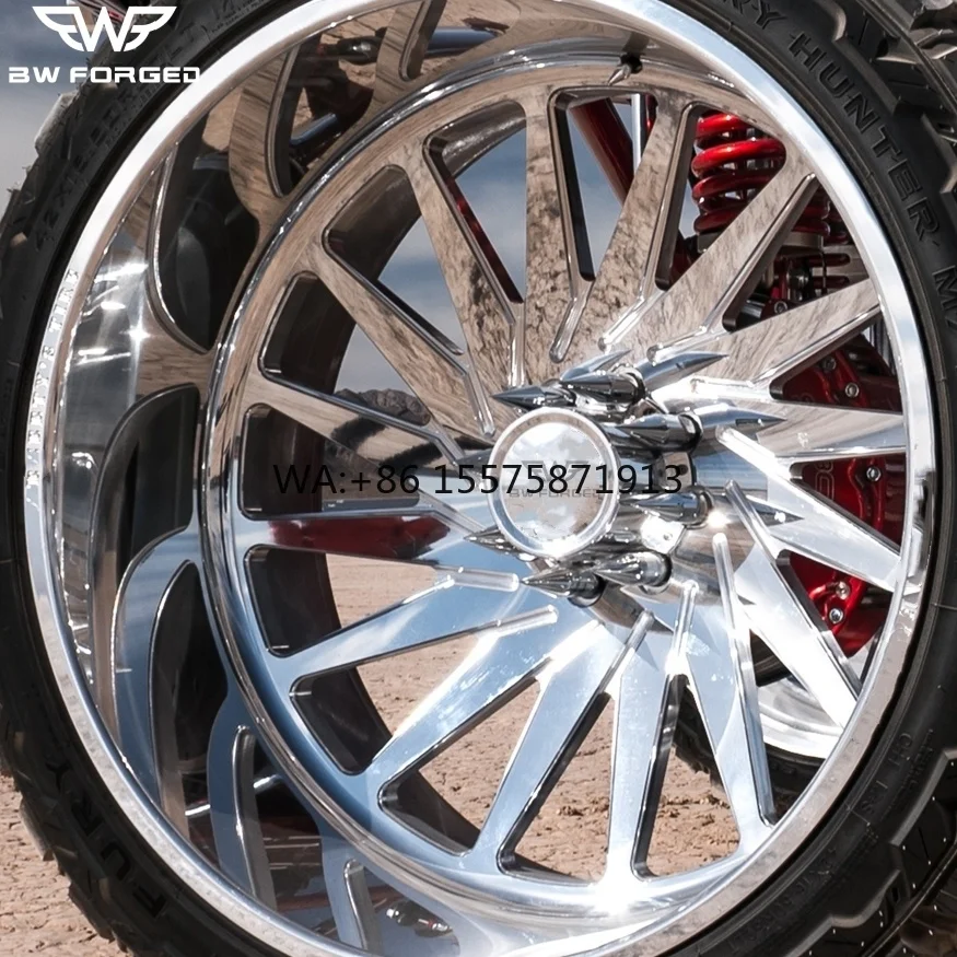 

Deep Dish polished super single forged aluminum alloy wheels designed for heavy-duty pickup trucks