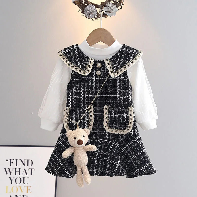 

Girls' Autumn Long Sleeve Dress Set Baby Bear Vest Dress Children's Two-Piece Set