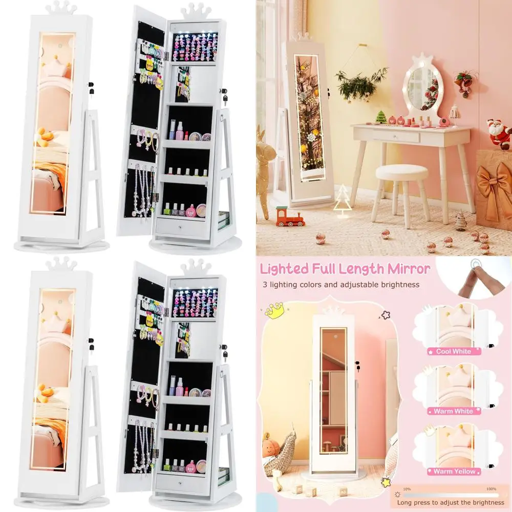 

White LED-lit Swivel Jewelry Armoire with Mirror for Little Girls, Dress-Up & Storage
