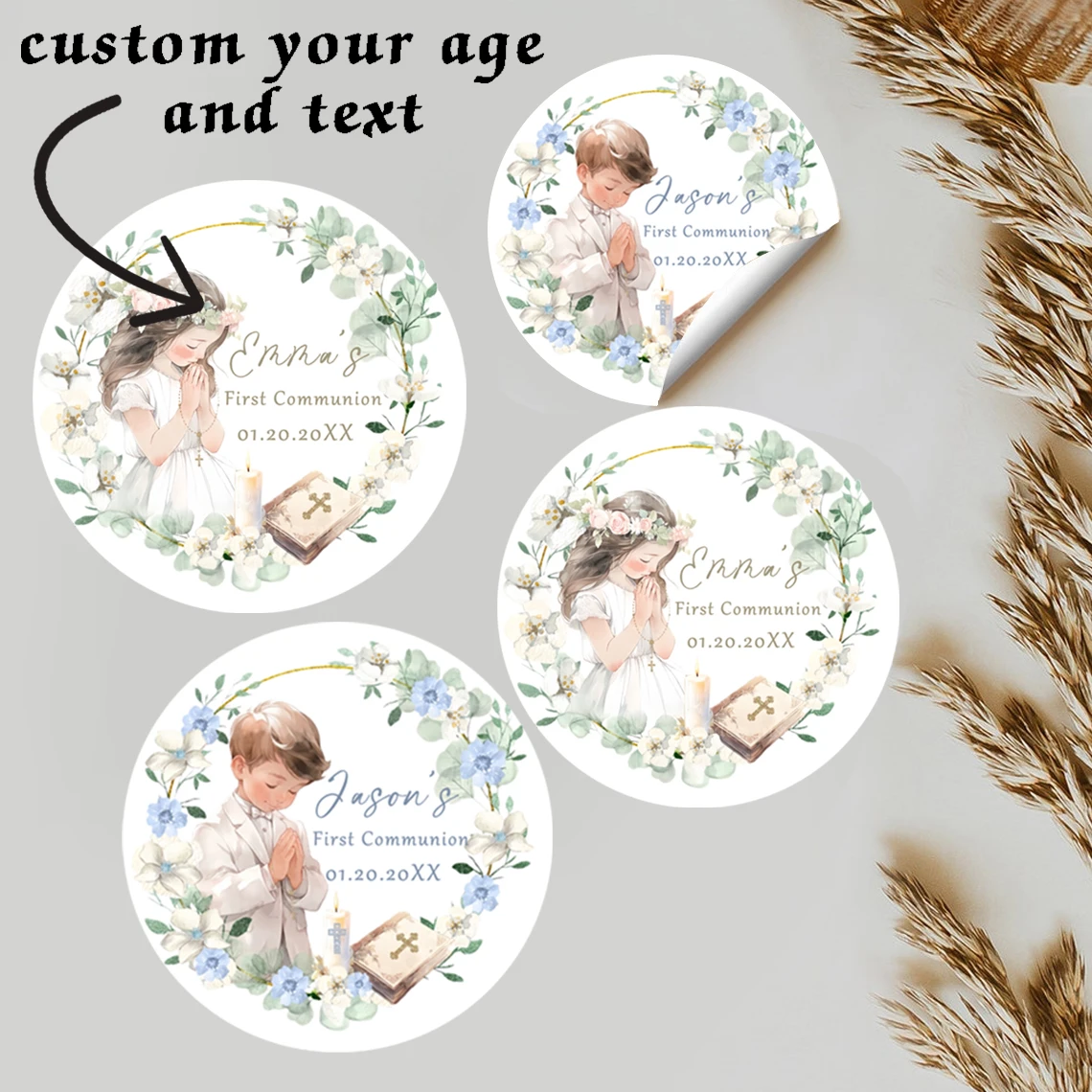 

50Pcs Custom First Communion Commemorative Stickers, Holy Girl and Boy Floral Stickers, Can Print Name and Date, Communion Ceremony Party Decoration Stickers 17-Year-Old Baptism