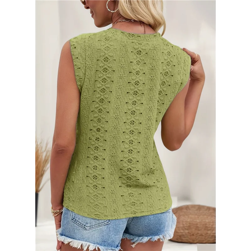 CYL-المرأة الصيف بلايز عادية Crewneck كاب كم قمصان خفيفة الوزن الكروشيه متماسكة الملمس تانك القمم البلوزات