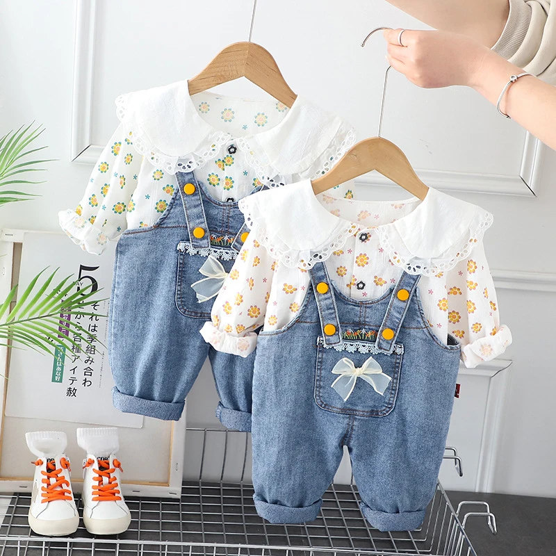 MILANCEL New Spring Kids Clothes Set Girls Cute Flower Blouse + Denim Overalls Children Outwear 2PCS