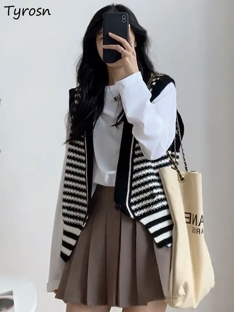 Sweater Vest Women Open Stitch Loose Slight Elasticity V-neck Stripe Students All-match Korean Style Retro Leisure Knitted Coats