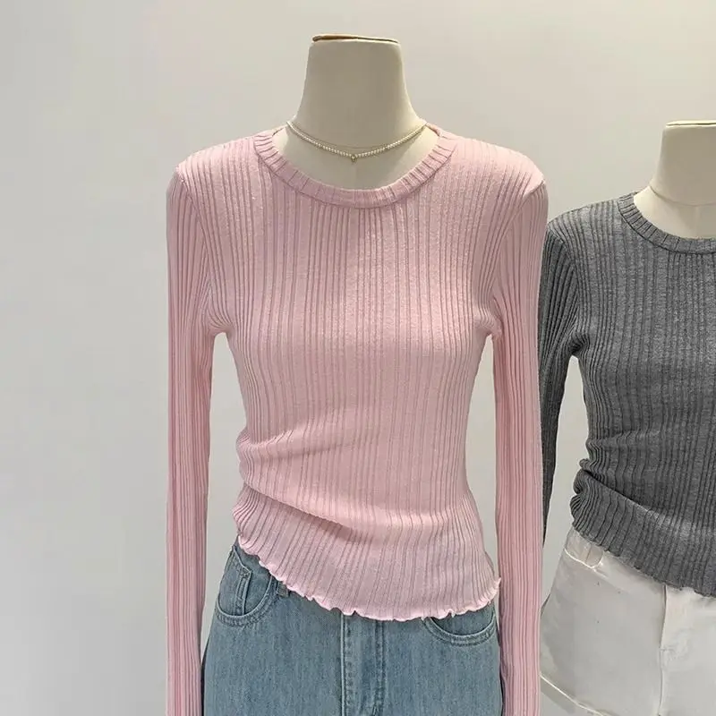 

Long-sleeved Pink Inner Bottoming Knit Sweater Ribbed Camisetas Korean Popular Clothes Women's Blouses Graphic Tee