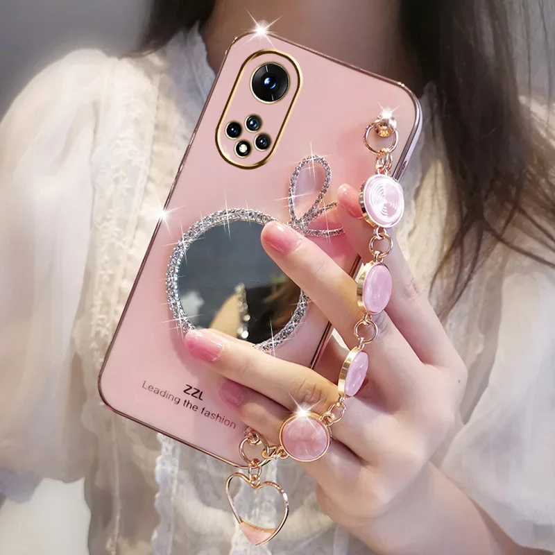 Bump Rabbit Ears Mirror Case For Honor 70 X7 X8 5G X9 X9A 50 Huawei Nova 10SE 10 9 Texture Shellfish Bracelet Plating Cover