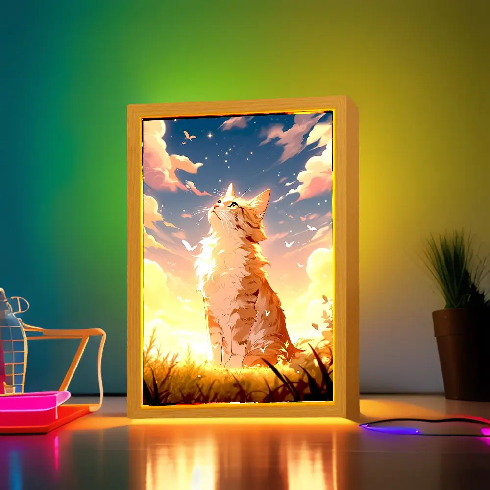 Cute Cat Light Painting Picture Frame Kawaii Led Night Light Home Bedside Table Room Decor Friends Kids Birthday Gifts Moon Lamp