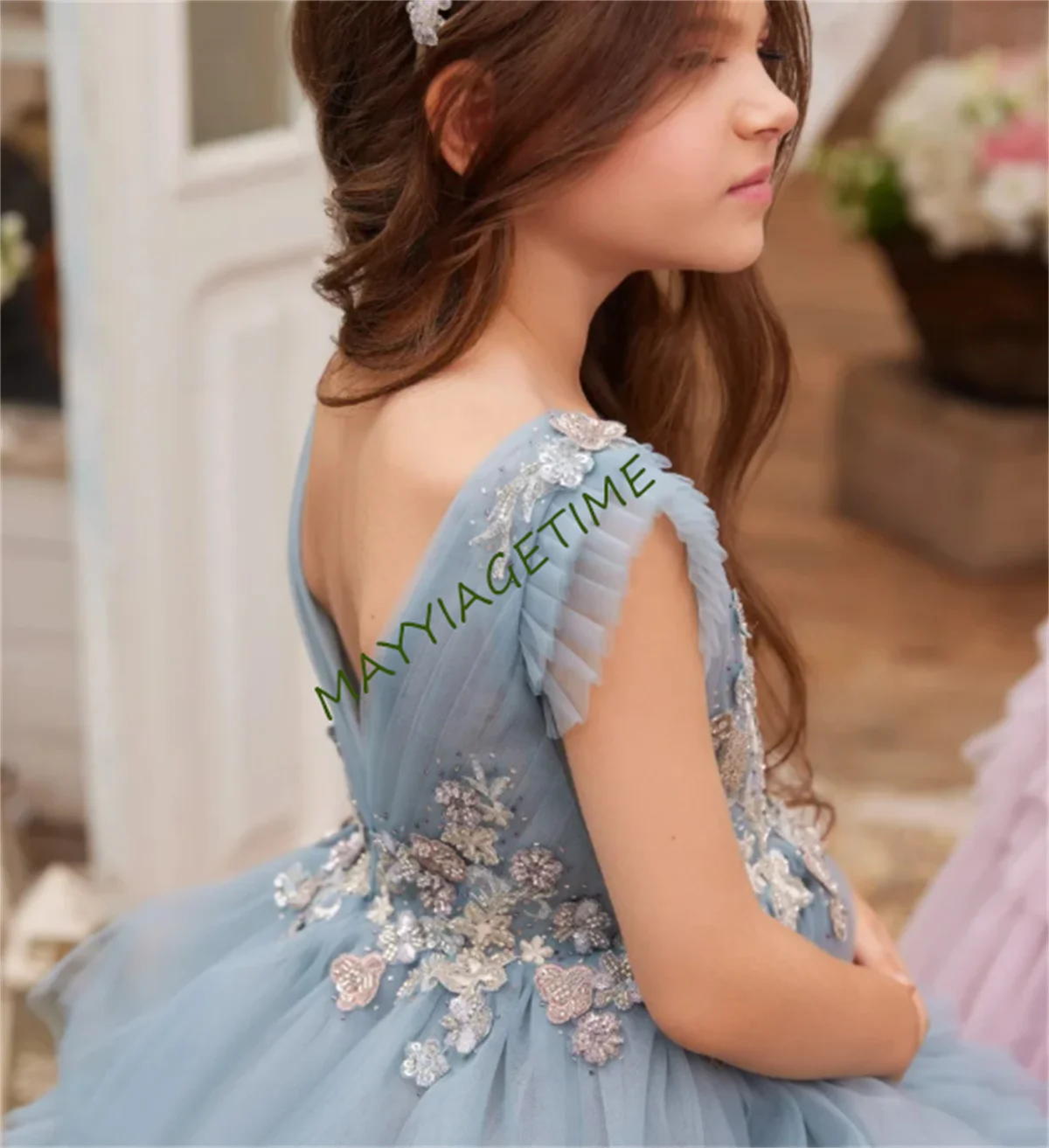 Princess Prom Party Dress with Long Train Flower Girl Dress Ball Gown First Communion Dresses 3D Lace Girls Dresses