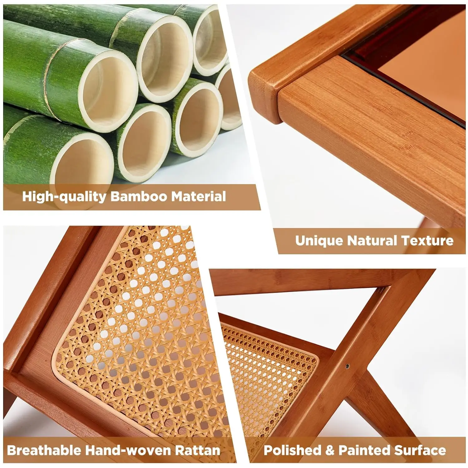 طاولة قهوة حديثة من منتصف القرن مقاس 47 بوصة مع سطح زجاجي، وطاولات بجانب السرير مصنوعة من الخيزران، وطاولة جانبية منضدة زجاجية وخشبية بوهو #6