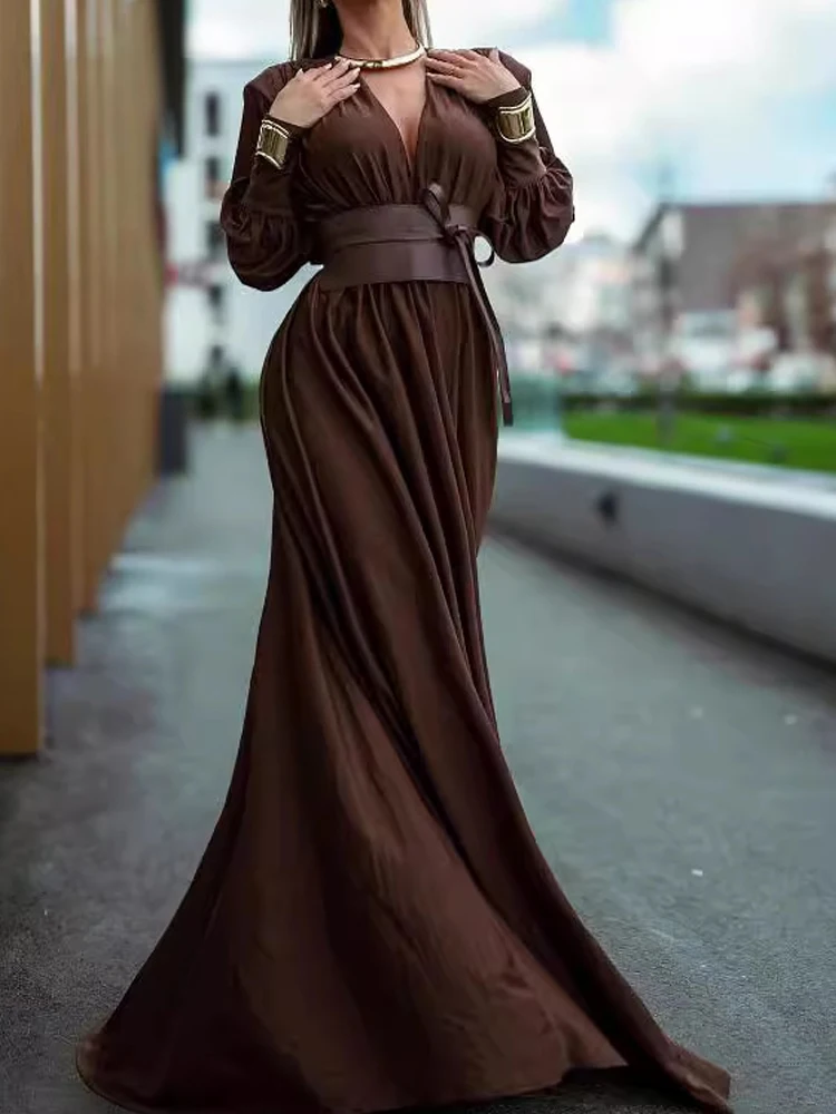 Sexy diepe v-hals feestjurk met lange mouwen damesmode hoge taille gedrapeerde avondjurk elegante bijpassende riem taille lange jurk