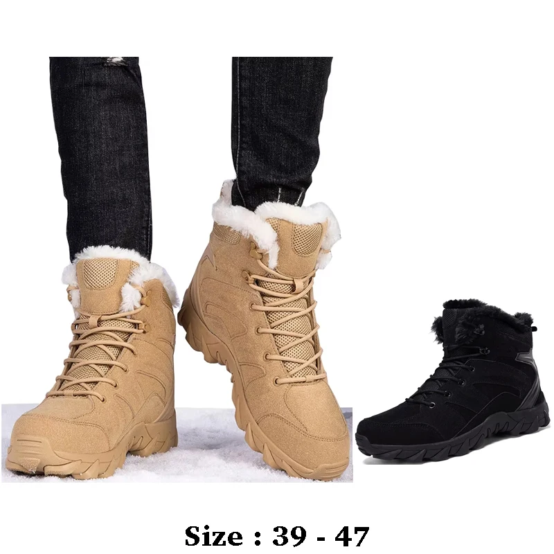 

High quality ankle length leather snow boots for men 46 47 new 2025 winter outdoor hiking mountain fur warm shoe black khaki