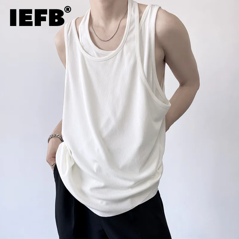 IEFB Men\'s Vest New Trendy Fake Two-peice Design Baggy Solid Color Male Sleeveless Tops Personality Men Wear Spring 2024 9Y8510