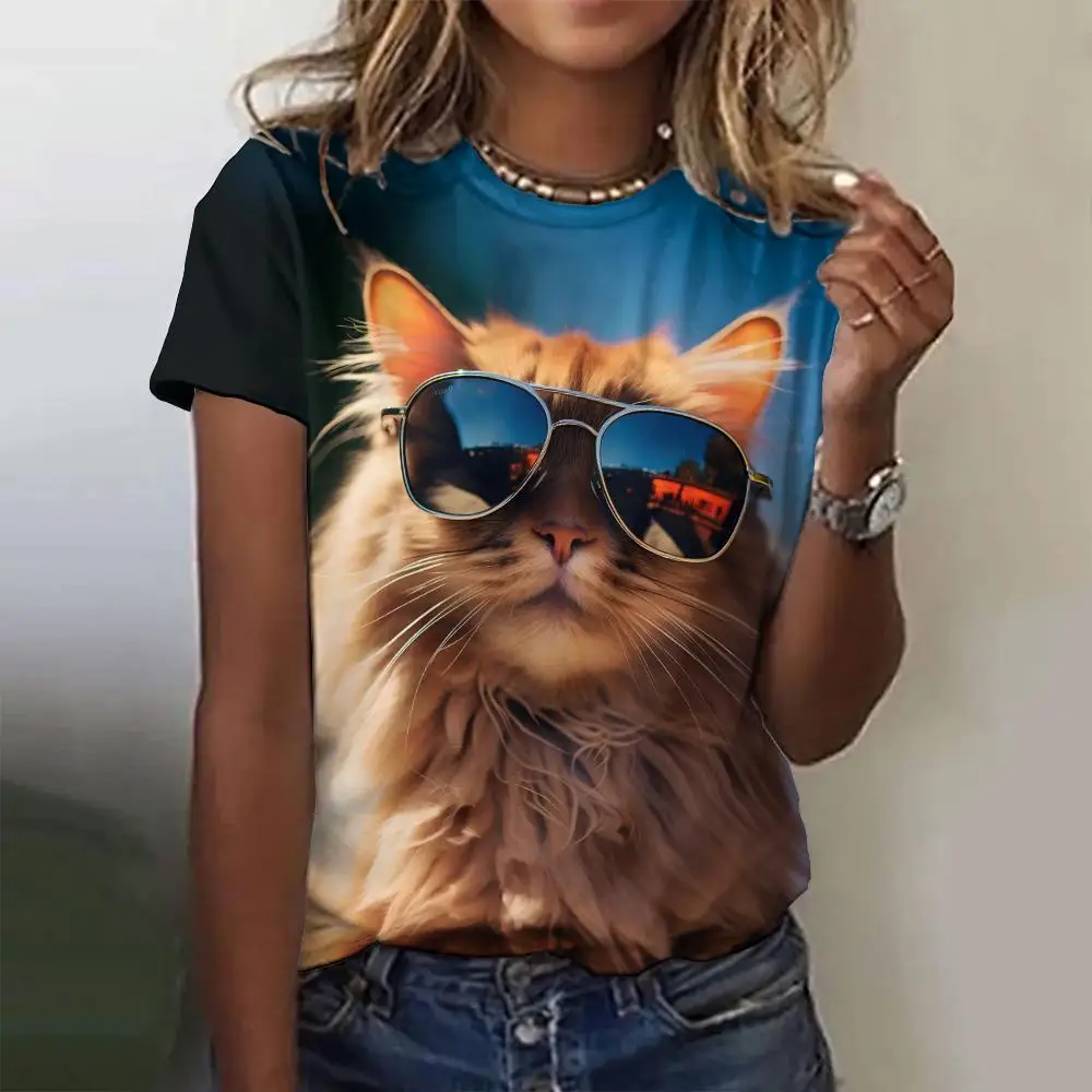 

Funny Cat Print Fashion Women's T-shirts Summer Casual O-neck Short Sleeves T shirt Fashion Women Clothing Loose Pullover Tops