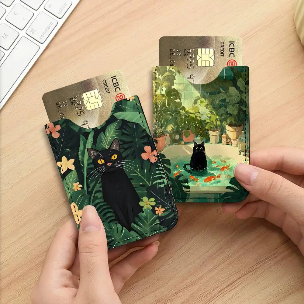 Abstract Green Plants Black Cat Light and thin mini bag small and portable bus card protective leather case for men and women