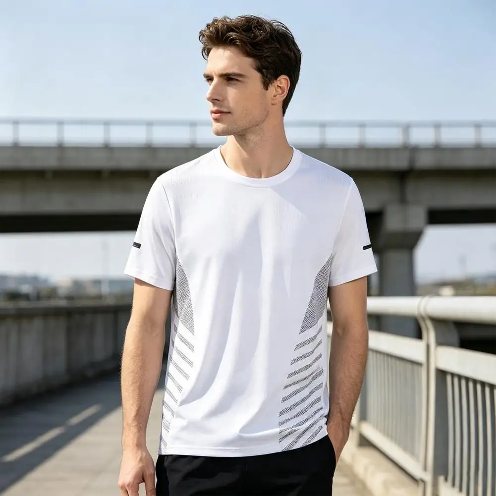 Men Quick-Drying T-shirt Breathable Mesh Athletic Summer Tee with Side Stripes Loose Fit Casual T-shirt for Gym Workout Running