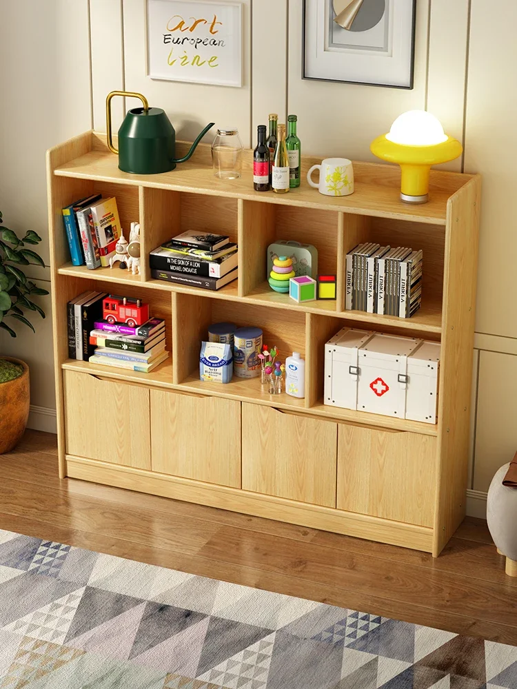 Solid wood bookshelf with door, modern and minimalist living room storage cabinet, integrated pine wood wall lattice cabinet