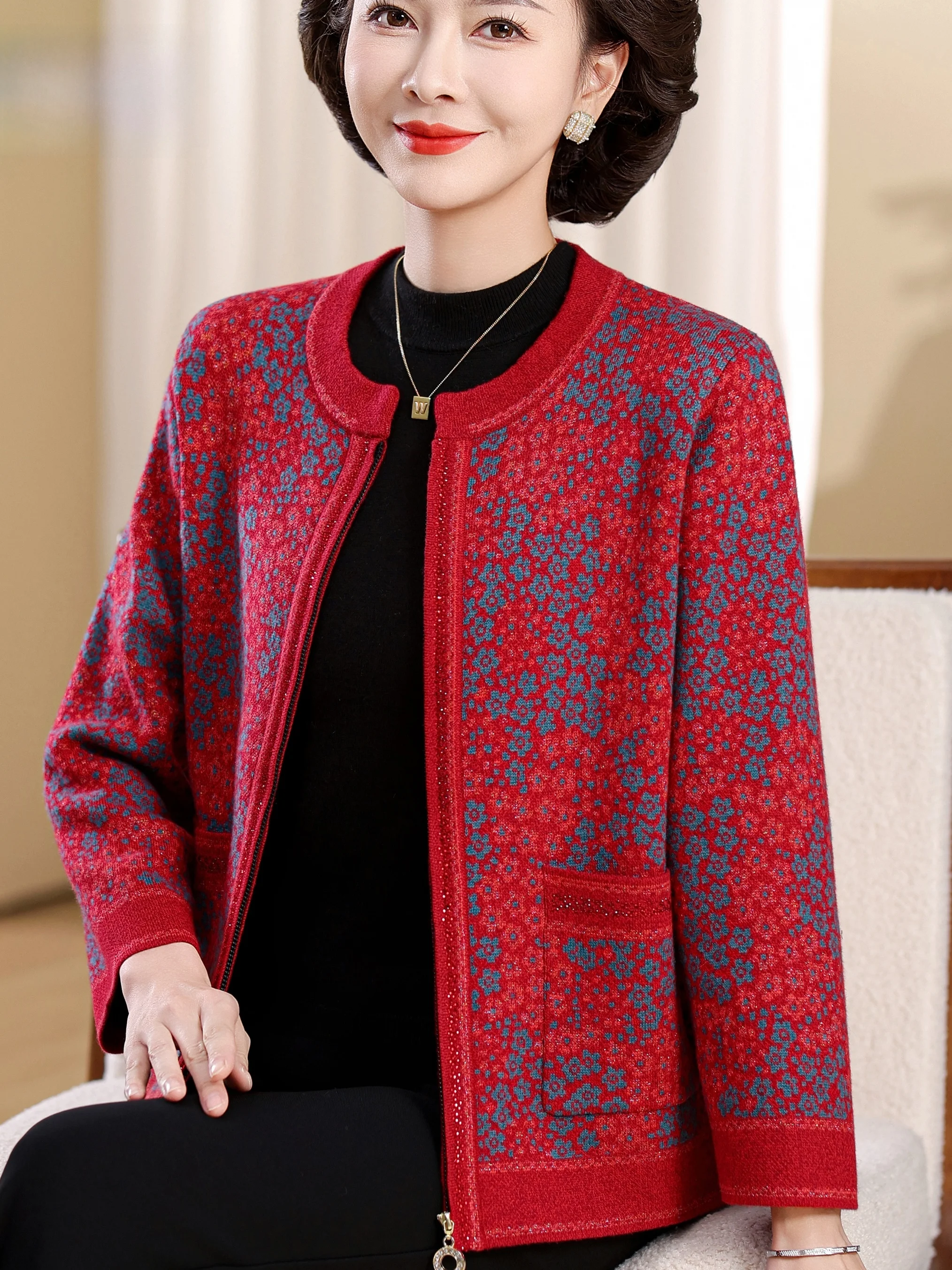 

Вязаный открытый кардиган на молнии с цветочным принтом, теплый топ для женщин среднего возраста и ли, осенне-зимняя модная повседневная одежда