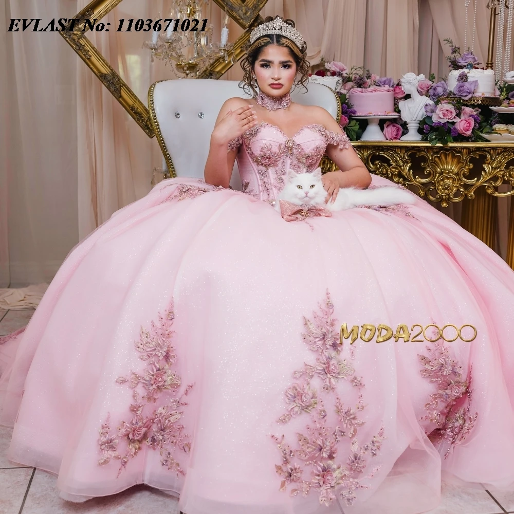 

EVLAST Розовое платье принцессы Quinceanera, бальное платье с блестящей цветочной аппликацией, расшитый бисером и кристаллами, корсет Sweet 16, Vestidos De 15 Anos SQ760