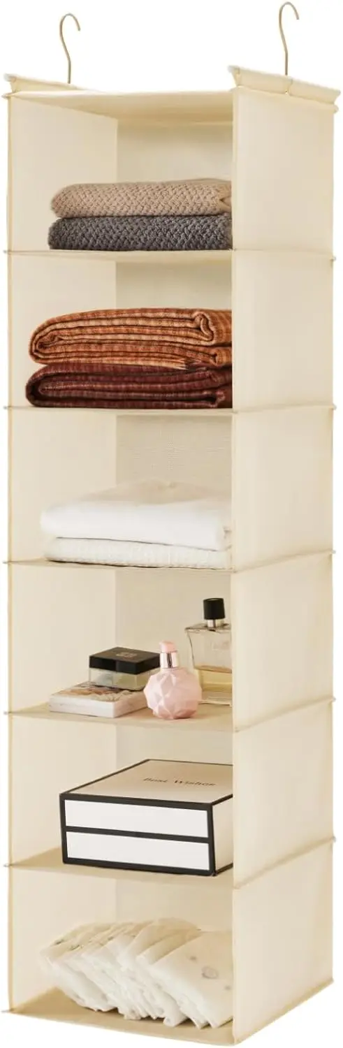 

6 Tier Hanging Closet Organizer with Sturdy Hooks, Foldable Storage Shelves for Clothes, Beige