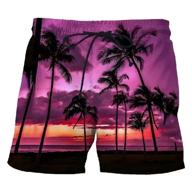 Sunset Beach Shorts 3D Printed Coconut Tree Pattern Swim Trunks For Summer Men Women Casual Oversized Loose Short Pants