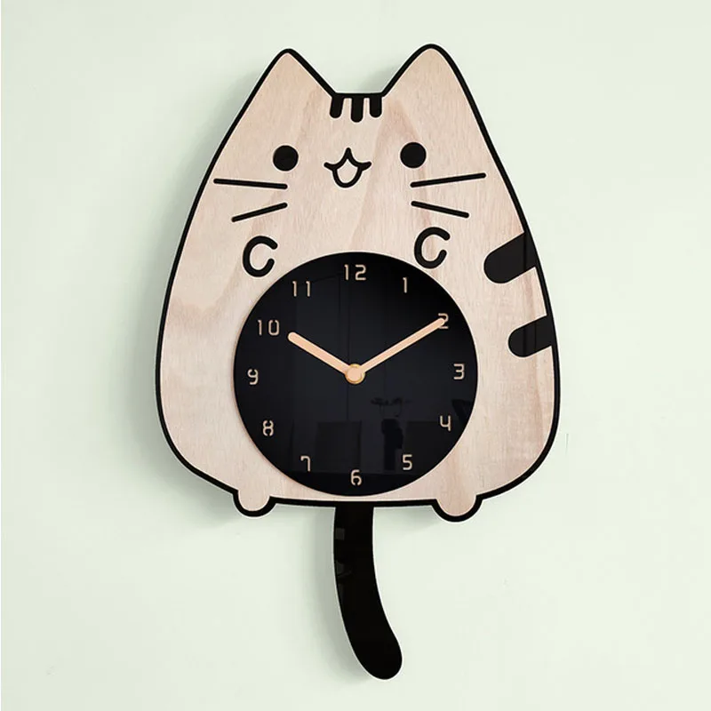 3D Wooden Cartoon Cats Wall Clock Home Decoration Children Room Decor Wagging Tail Quiet Creative Quartz Digital Swinging Clock