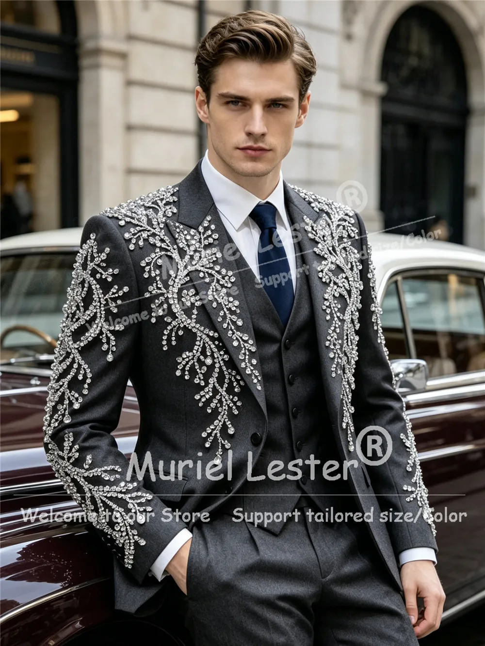 

Exquisite Rhinestone Beaded Suit Men For Wedding Slim Fit Groom Wedding Tuxedos Customized Man Banquet Attire Costumes Hommes