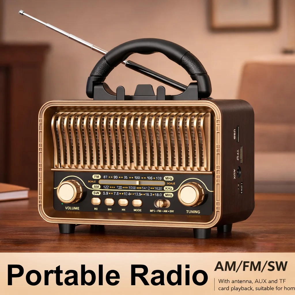 

Ретро-радиоприемник беспроводной, портативный, AM/FM/SW, с USB-аккумулятором, антенной, поддержкой AUX и воспроизведением с карт TF, подходит для дома.