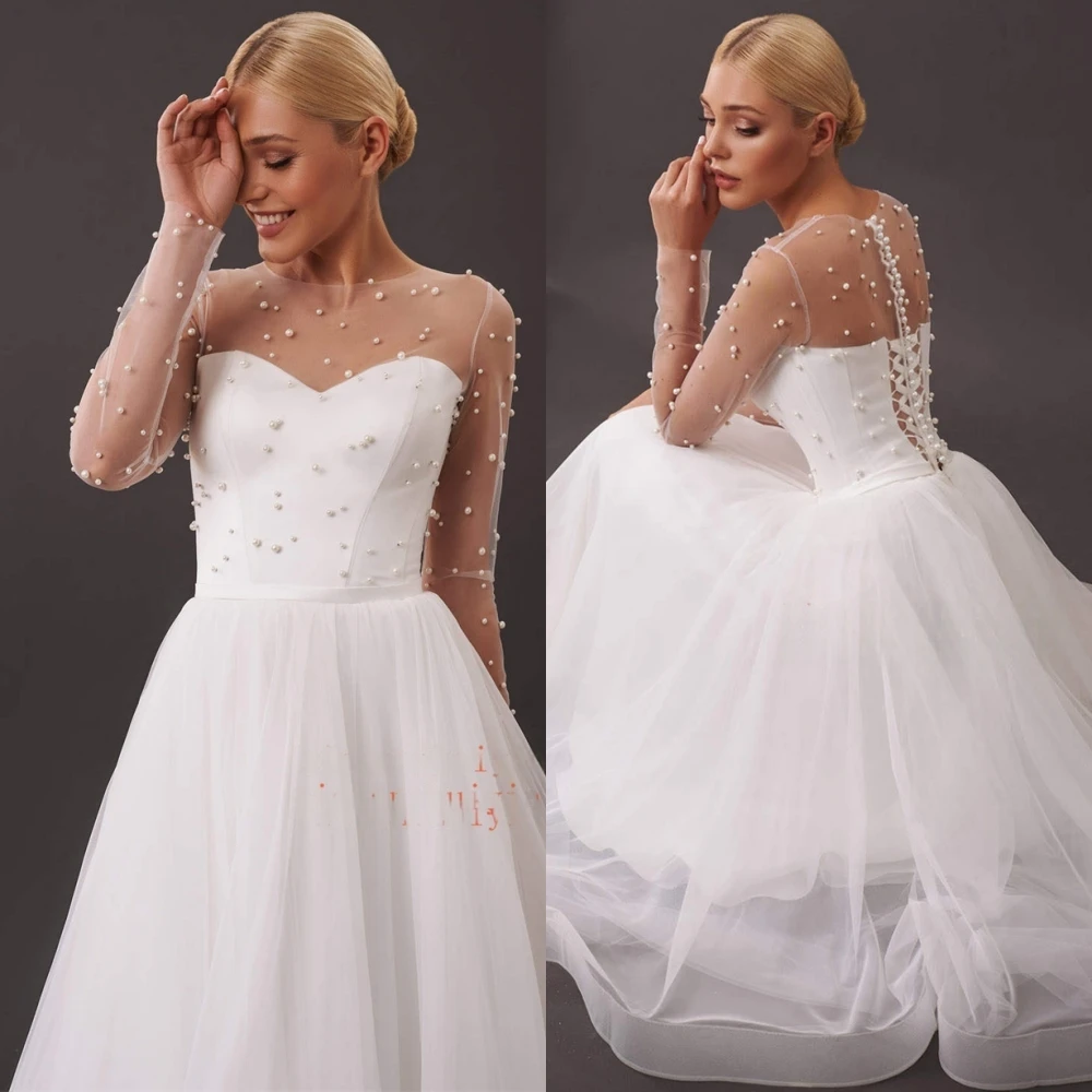 فستان سهرة رائع مخصص من التل برقبة دائرية وأكمام طويلة رقيقة فساتين لحضور الحفلات الموسيقية لؤلؤ رسمي للمناسبات الخاصة