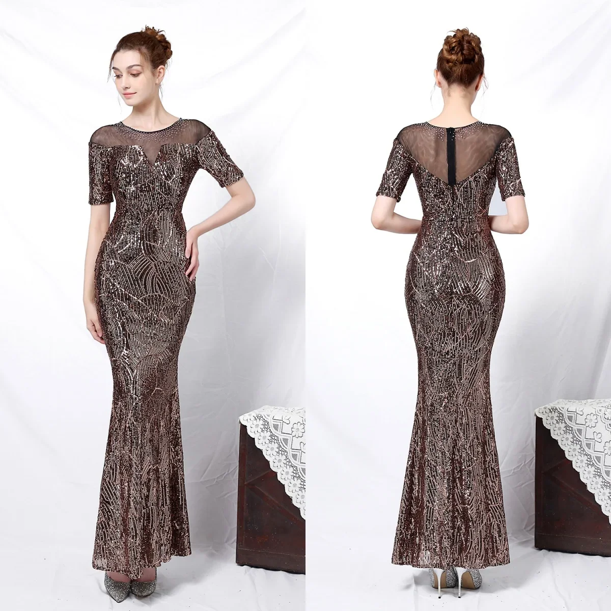 Robe de soirée à paillettes noires dorées pour femmes, col rond en cristal extensible, trompent de sirène à fermeture éclair, longueur au sol, robe de soirée formelle, quel que soit YE031