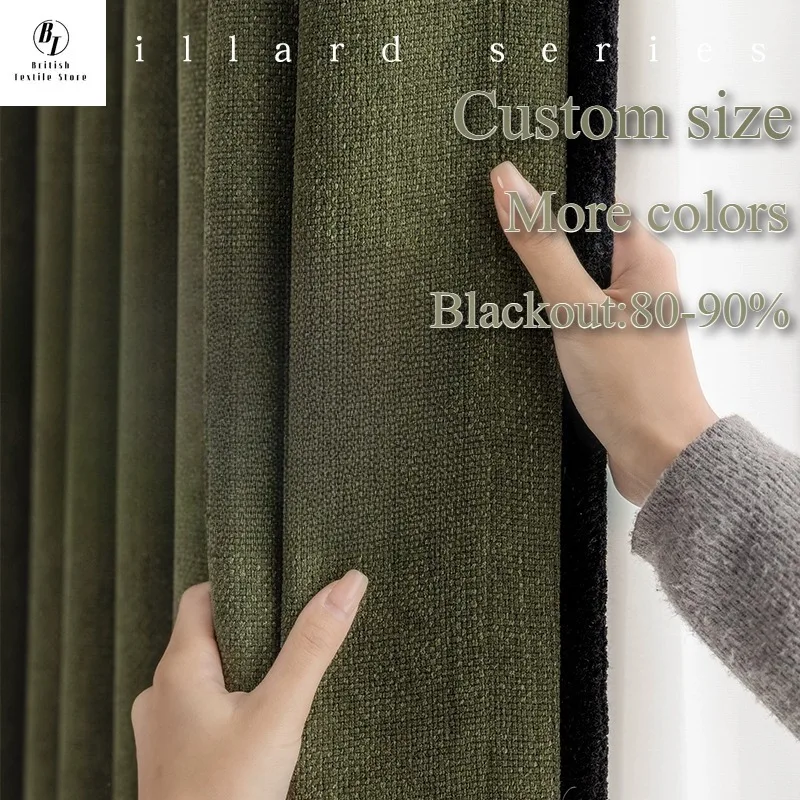 

European Matcha Green Chenille Blackout Cotton Linen Curtains for Living Room Bedroom Dining Retro Custom Size Decor White Tulle