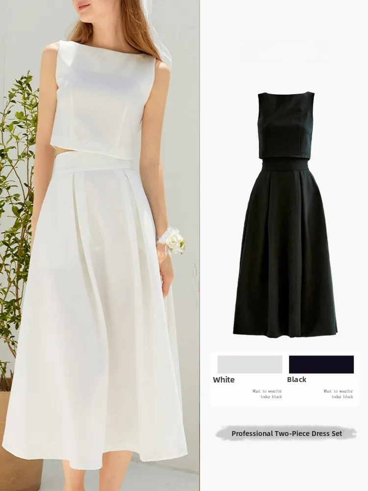 White A-Line Dress Slimming High Waist Sleeveless Two-Piece Set for Women Casual Style Polyester And Spandex Blend