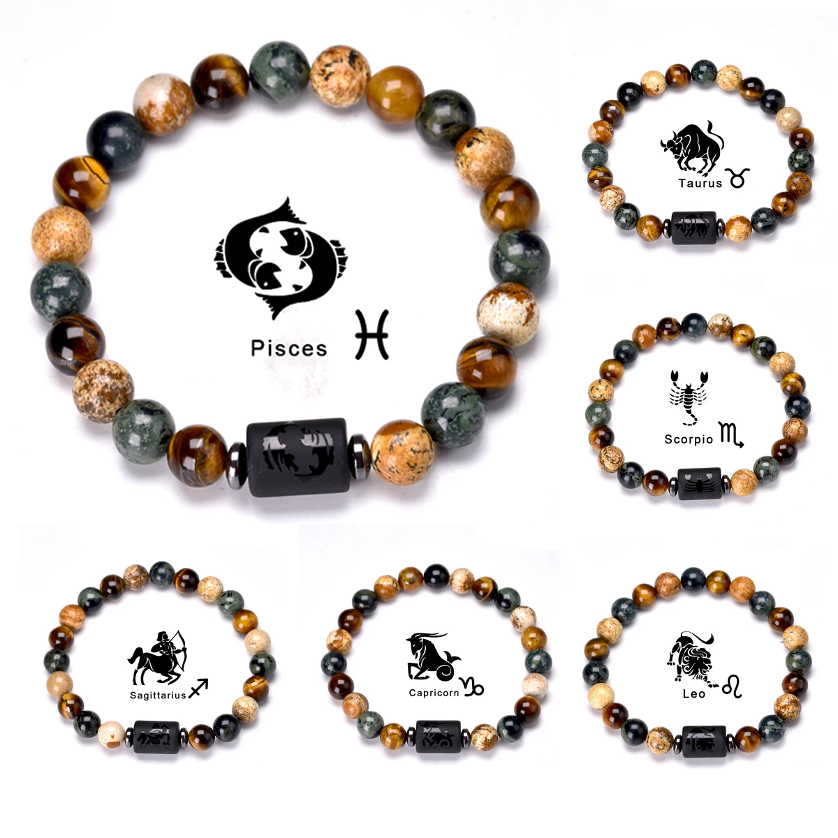 8MM Gemstone Black Obsidian Elastic Healing Tiger Eye Stone 12 Constellation Signs Bracelets For Men Women Birthstone Gifts