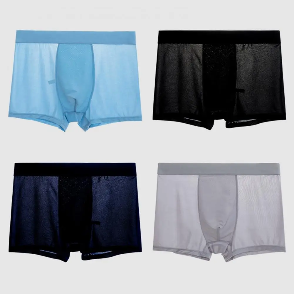 

Men Boxer Underwear Elastic Mid-waist U-Convex Solid Color Shorts Briefs Wide Waistband Ice Silk Thin Panties